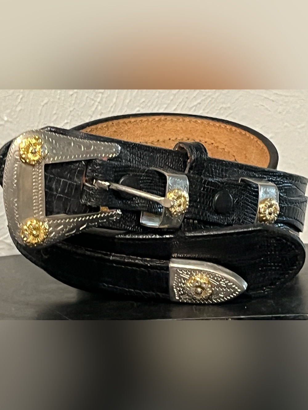 Black Western Embossed Leather Belt with Silver & Gold Buckle